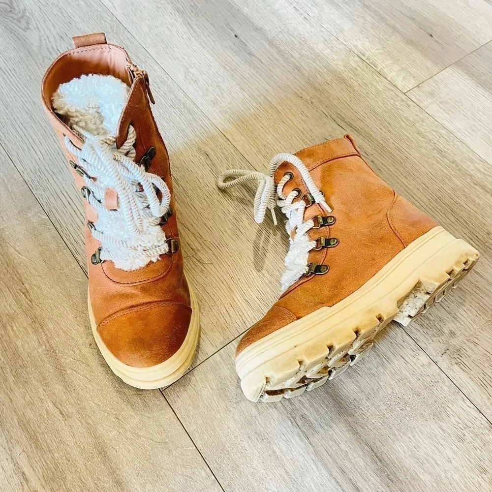 Art Class Girl’s Willa Zipper Lace-Up Combat Shearling Brown Faux Suede Boots 13